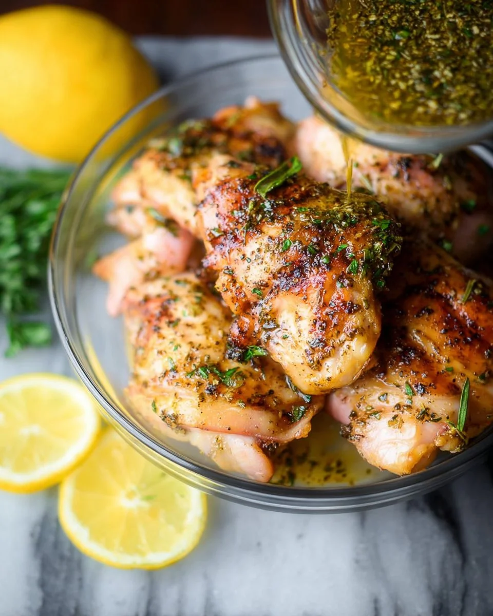 Grilled lemon garlic chicken thighs served with fresh herbs and lemon slices