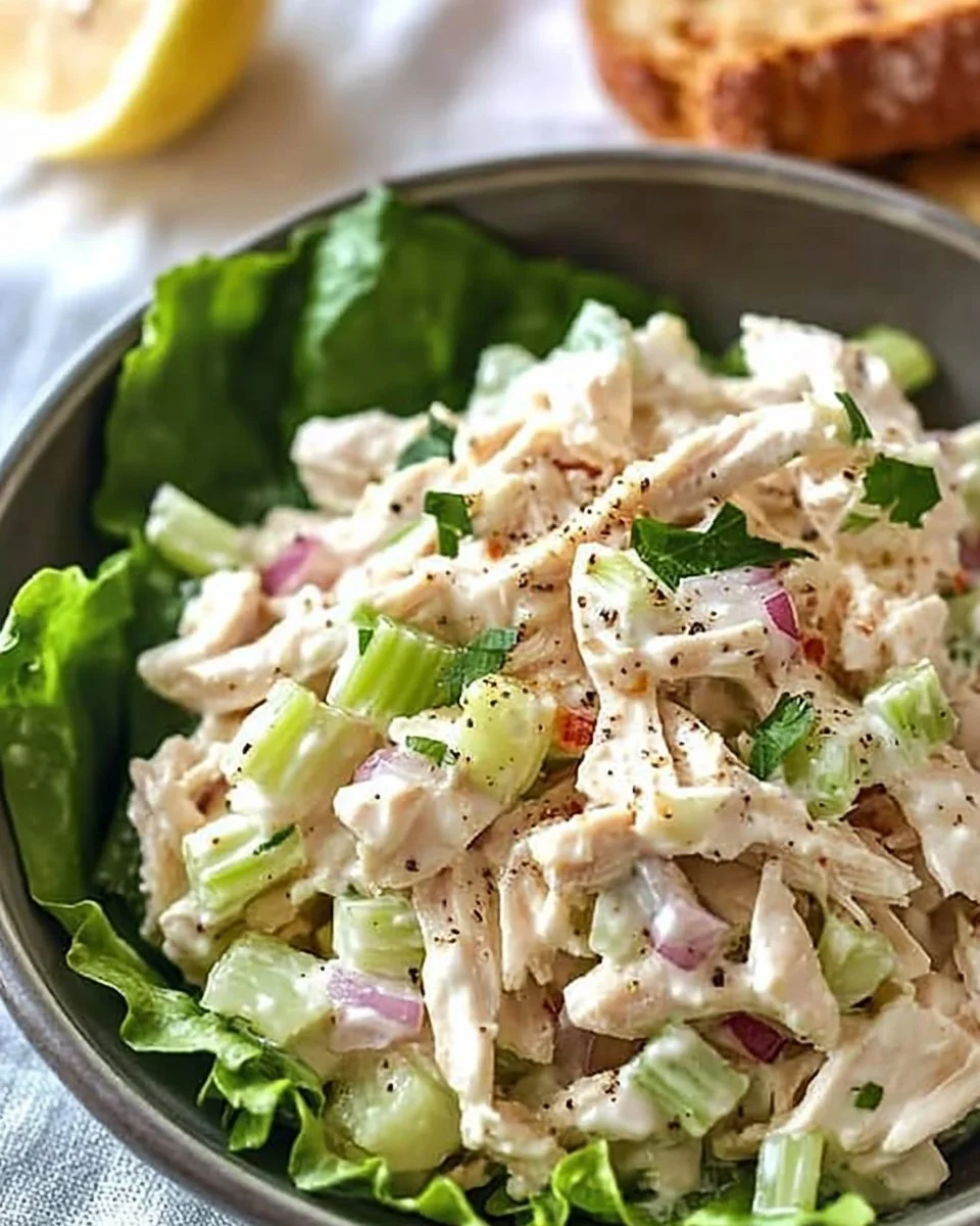 Bowl of healthy chicken salad with fresh vegetables and herbs