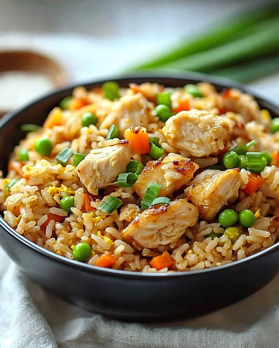 High Protein Crispy Garlic Chicken Fried Rice dish garnished with herbs