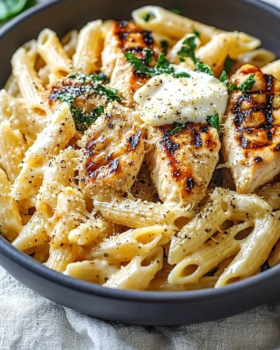 High protein Garlic Parmesan Pasta Bowl topped with herbs and cheese
