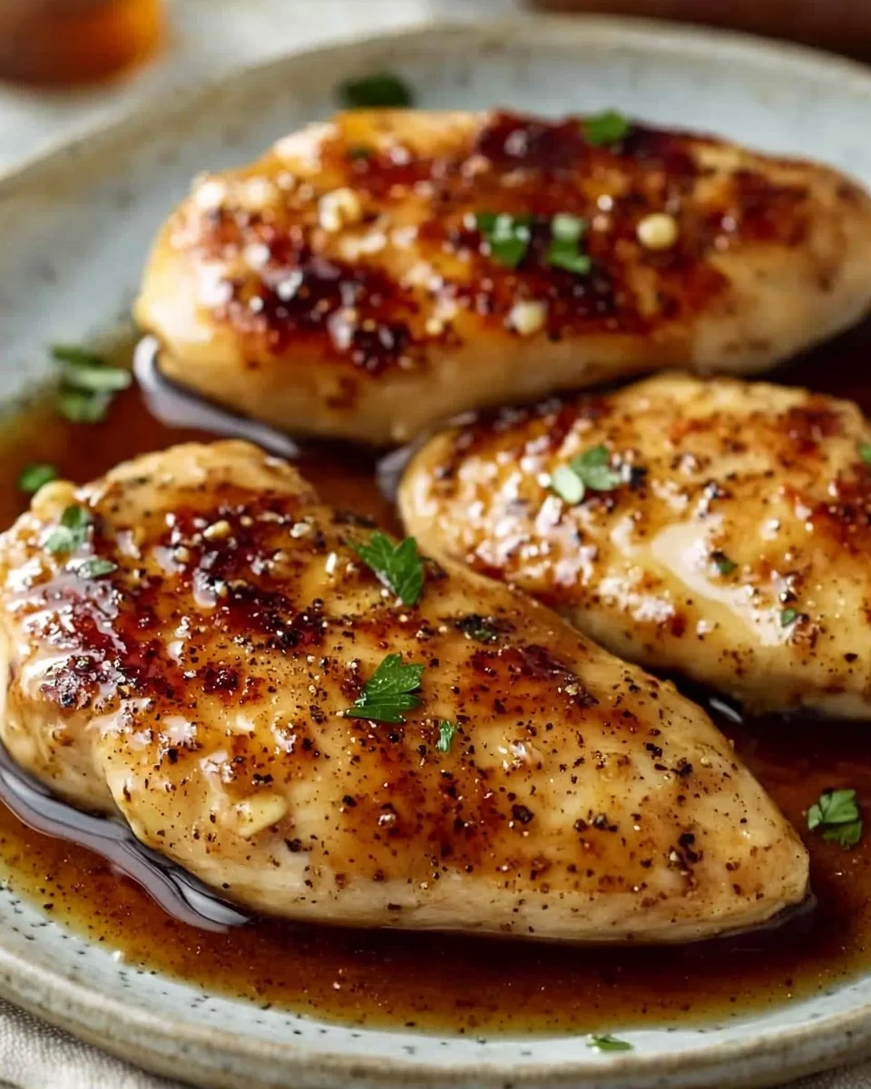Plate of Honey Garlic Chicken Breast garnished with herbs.
