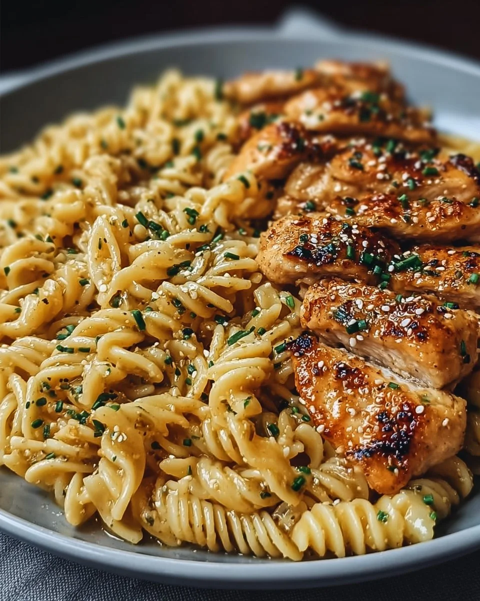 Honey Garlic Chicken Pasta served on a plate with fresh herbs