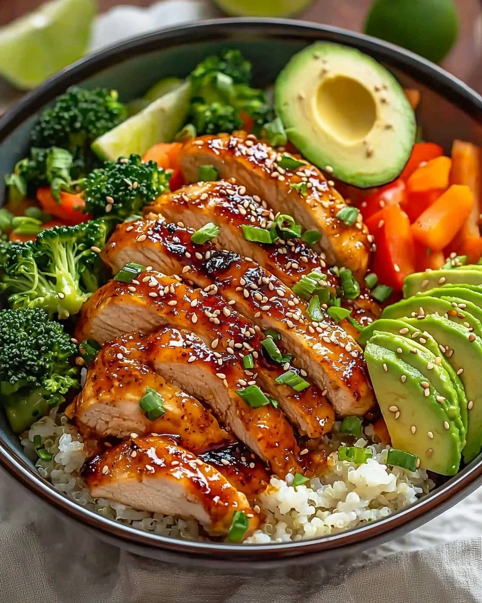 Hot honey chicken bowl with rice and vegetables, a sweet and spicy dinner recipe