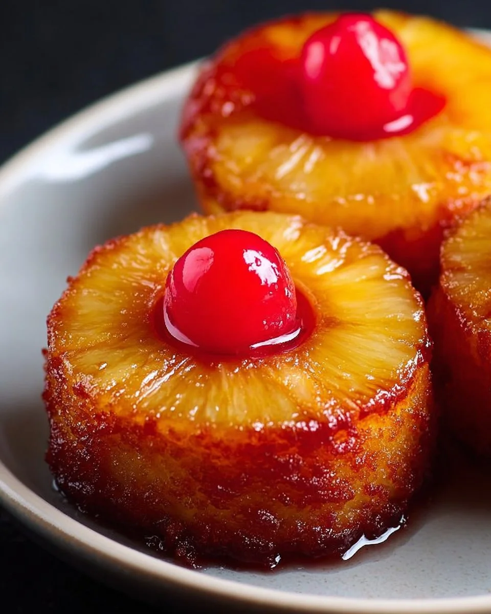 Delicious individual mini pineapple upside down cakes on a plate