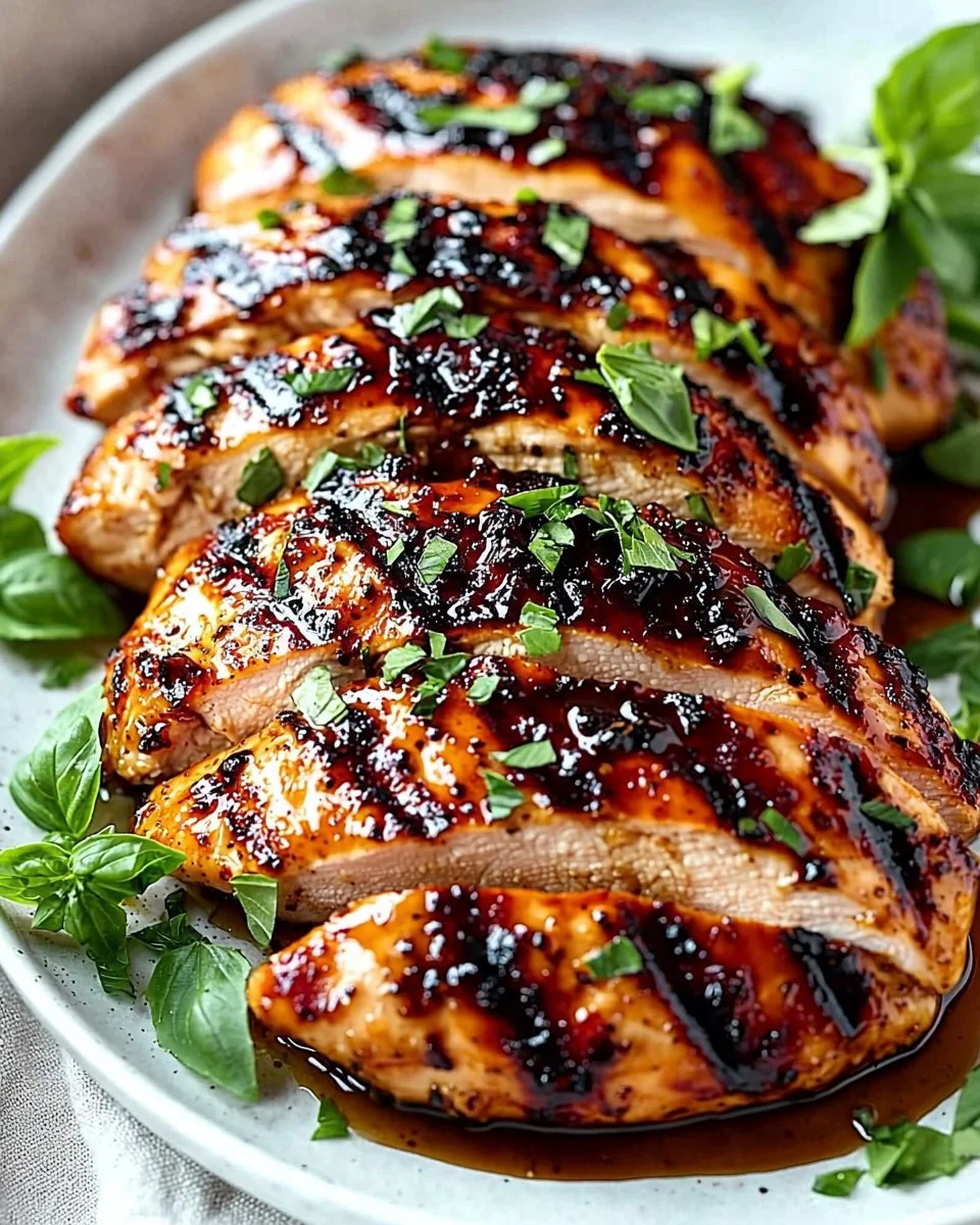 Delicious marinated balsamic grilled chicken with fresh herbs and vegetables