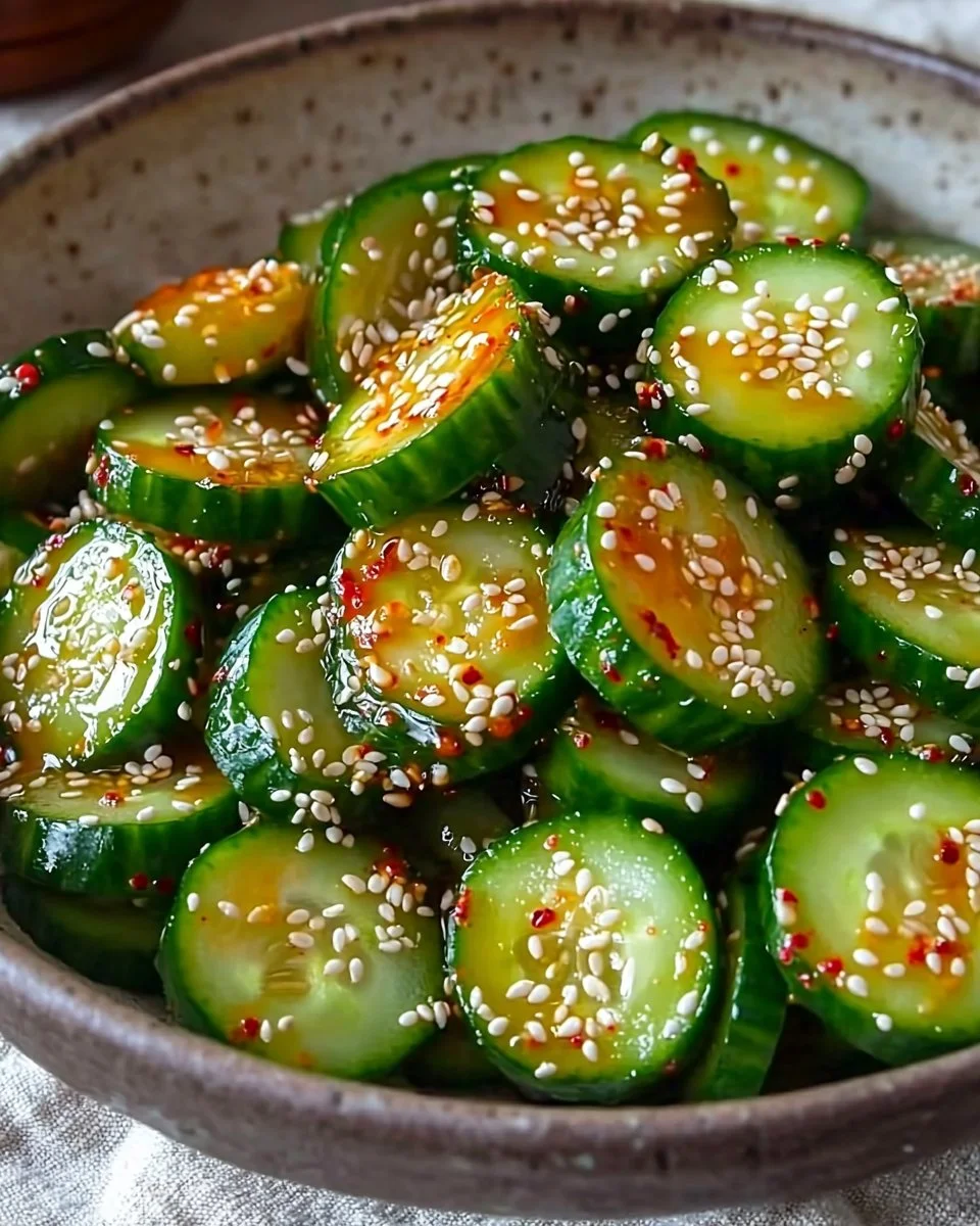 Bowl of spicy Korean cucumber salad with fresh ingredients and colorful presentation.