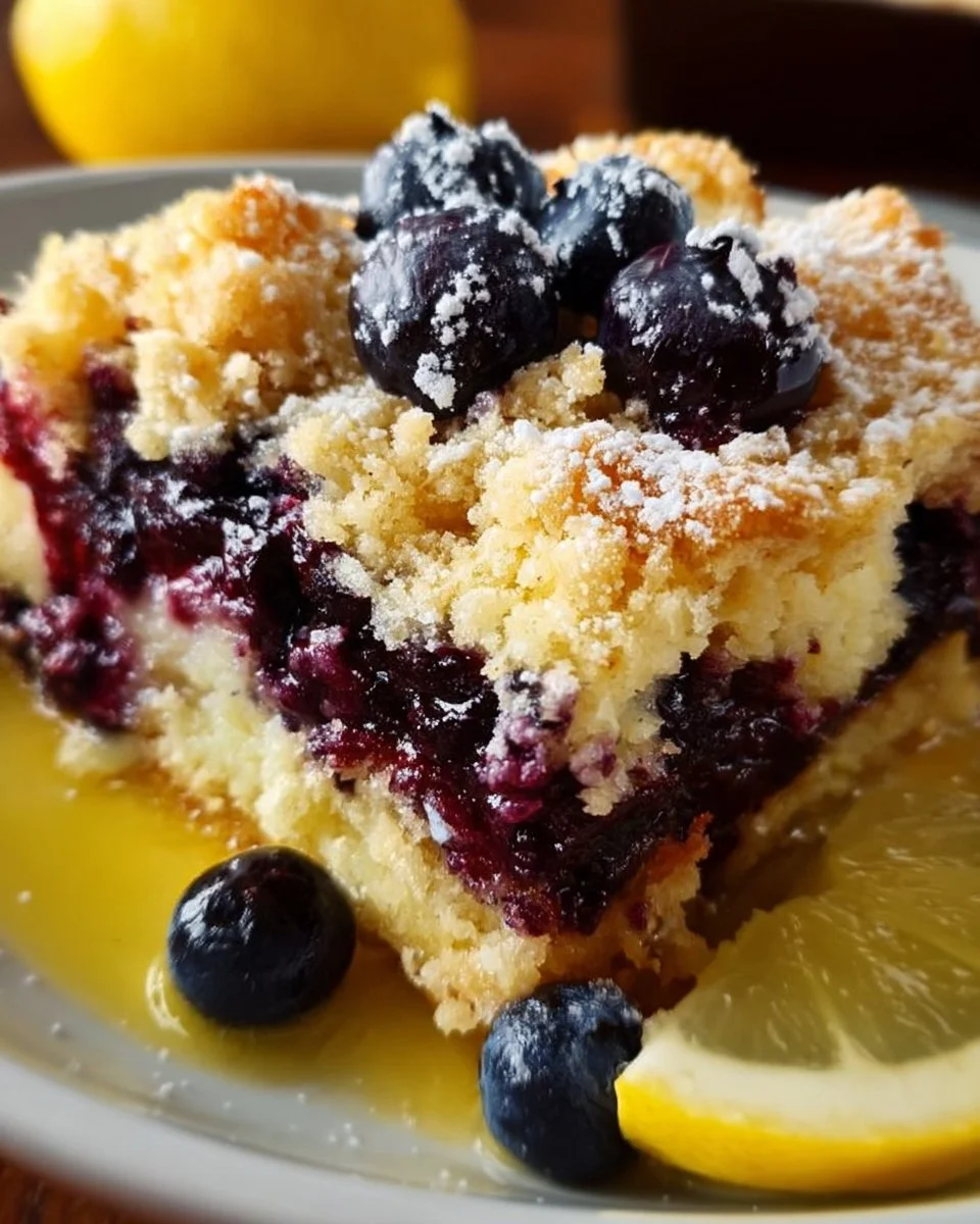 A slice of Lemon Blueberry Cheesecake Dump Cake topped with fresh blueberries and lemon zest.