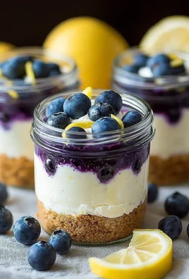 Delicious lemon-blueberry cheesecake jars topped with berries and cream.