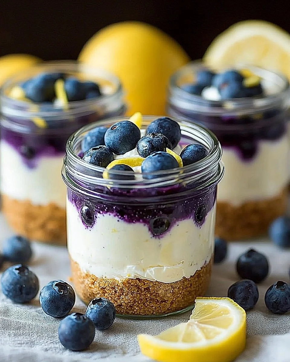 Delicious lemon-blueberry cheesecake jars topped with berries and cream.