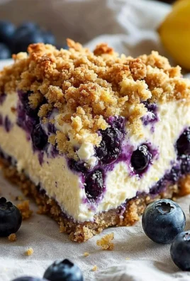 Lemon blueberry crumble cheesecake with fresh blueberries and a creamy topping