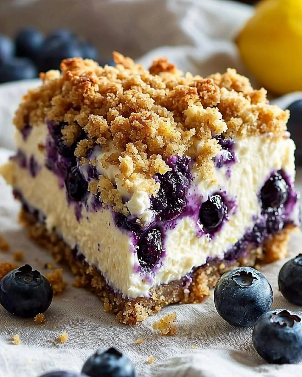 Lemon blueberry crumble cheesecake with fresh blueberries and a creamy topping