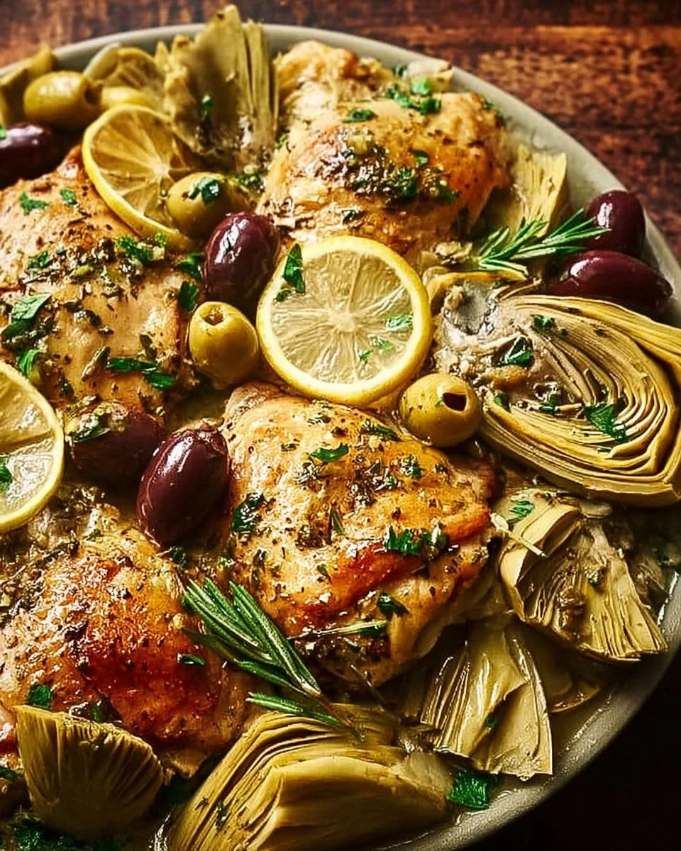 Lemon Chicken with Artichokes and Olives served on a plate