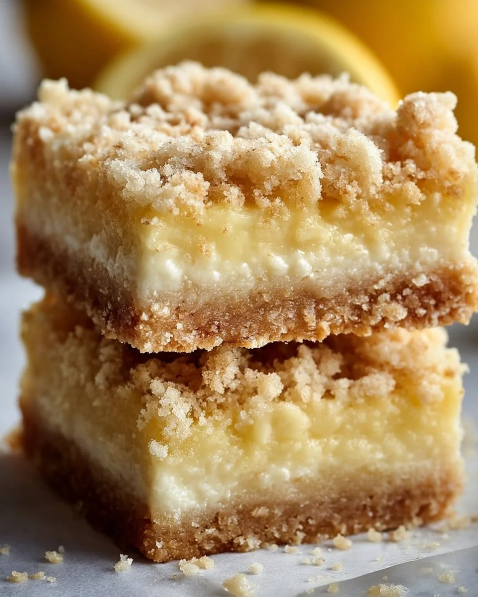 Lemon Crumb Bars with a buttery crumb topping and lemon filling on a plate