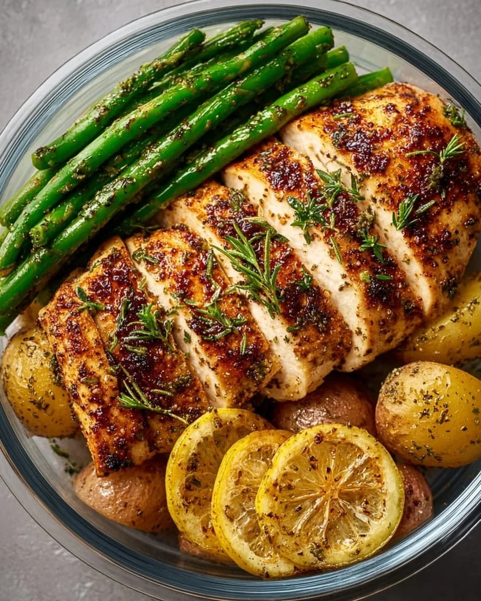 Delicious Lemon Garlic Chicken meal prep in meal containers for healthy eating