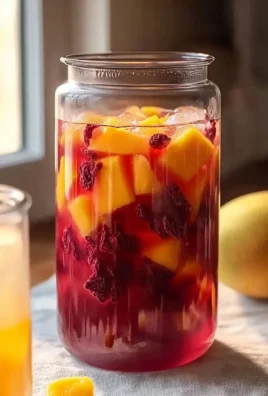 Chilled Mango Hibiscus Iced Tea served in a glass with fresh fruit garnish.