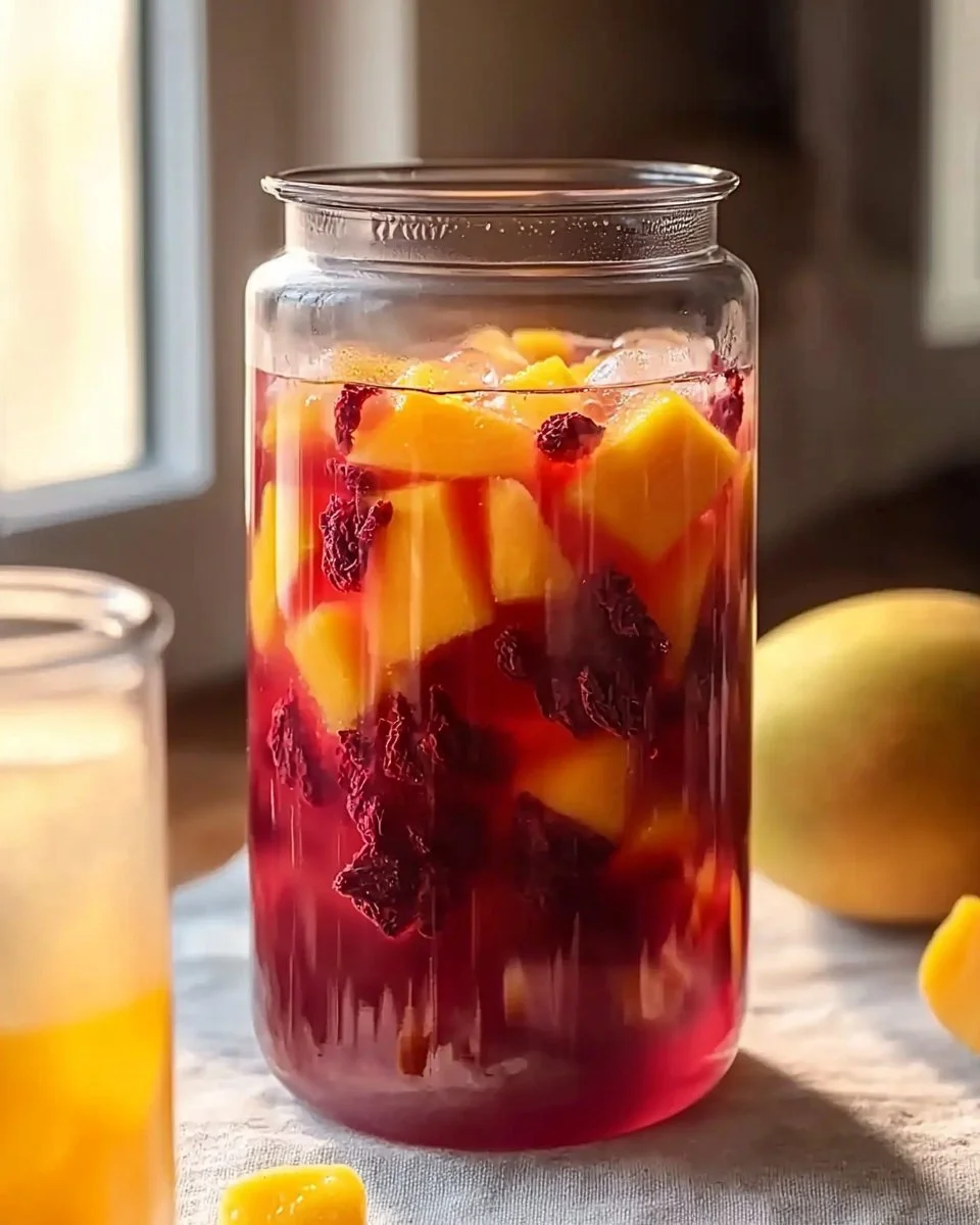 Chilled Mango Hibiscus Iced Tea served in a glass with fresh fruit garnish.