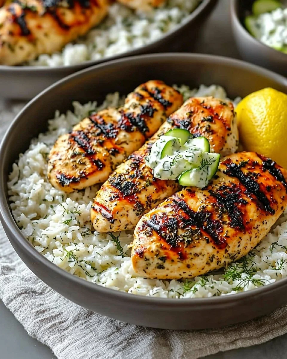 Plate of Mediterranean grilled chicken garnished with herbs and lemon slices.