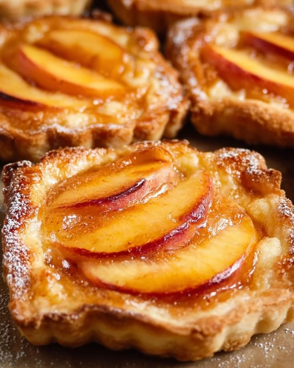 Mini peach and cream cheese tarts on a white plate