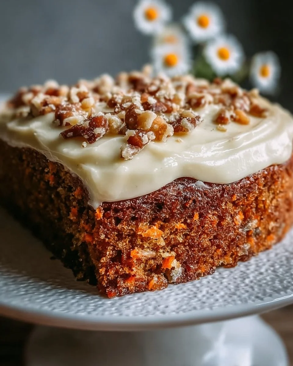 Moist homemade carrot cake with cream cheese frosting on a plate