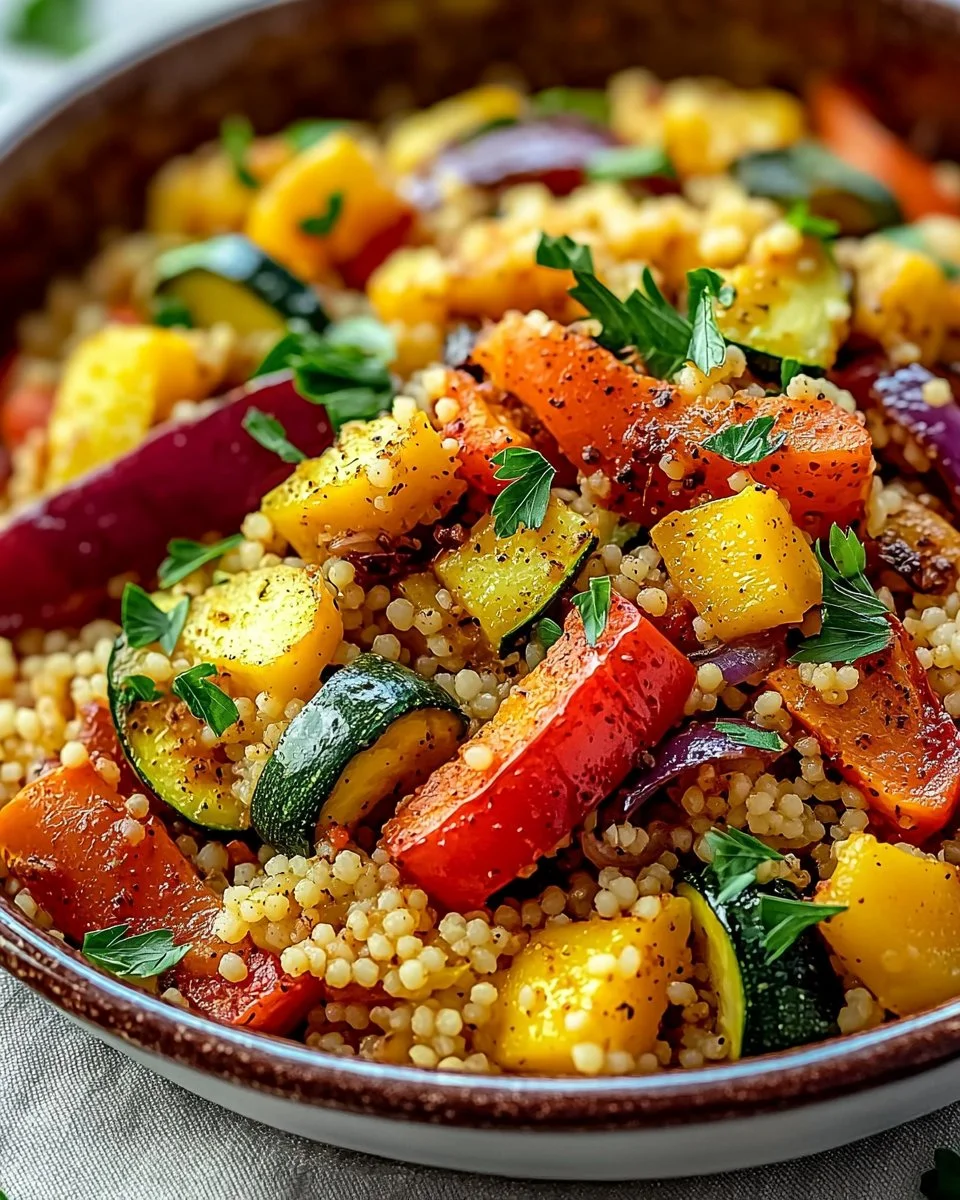 Delicious Moroccan Couscous with Roast Vegetables served in a colorful bowl