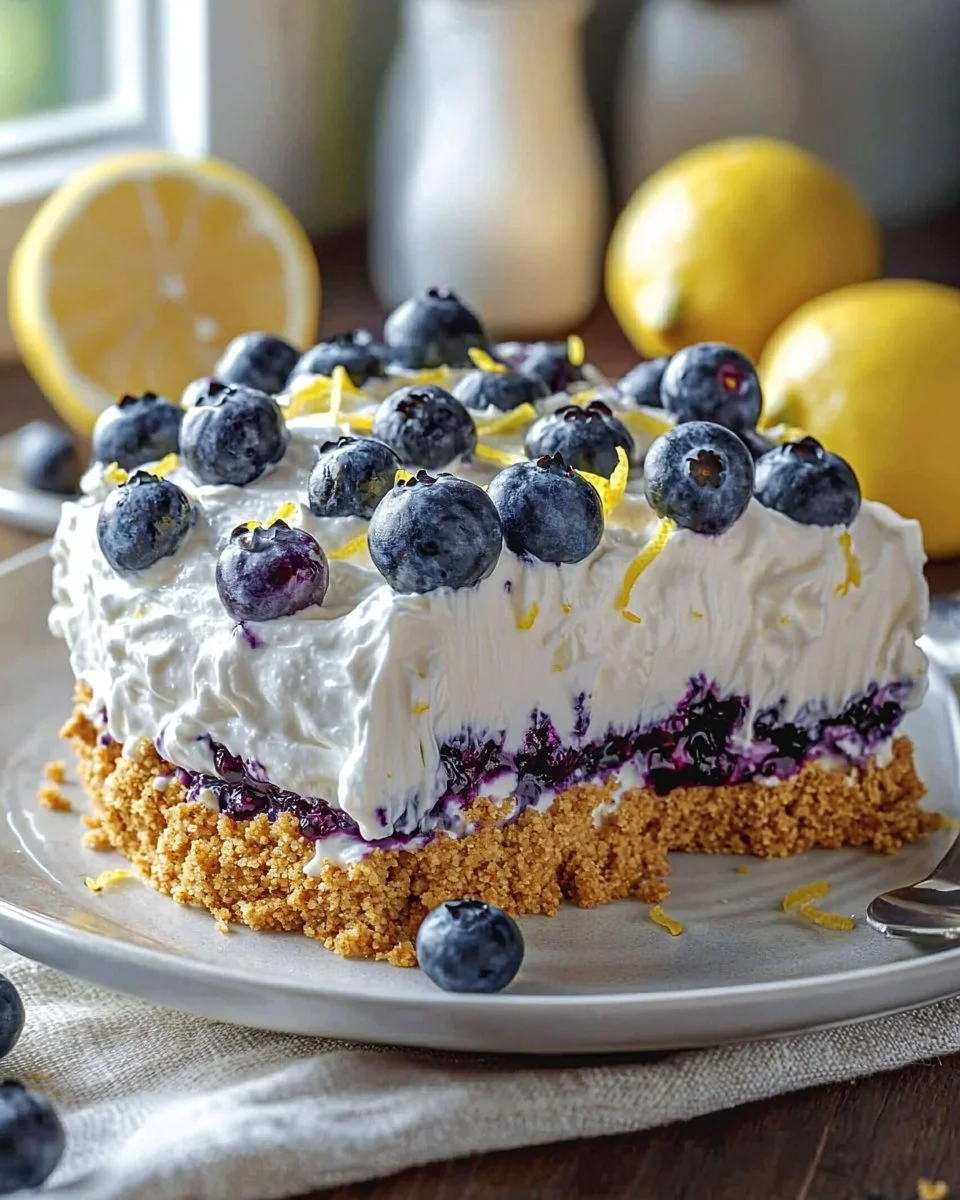No-Bake Lemon Dazzling Blueberry Cream Cake with fresh blueberries and lemon zest