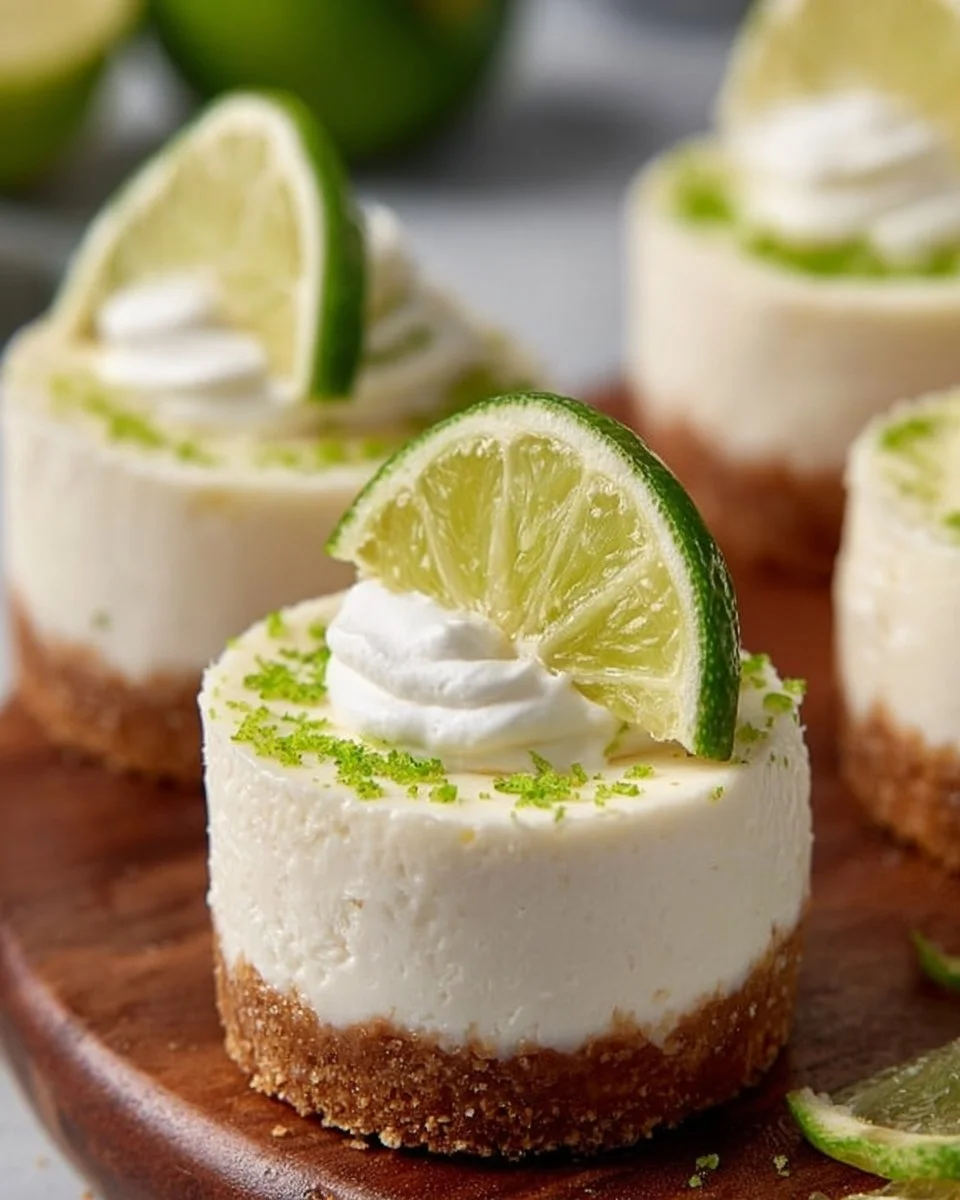 Delicious no-bake mini key lime cheesecakes topped with fresh lime slices.