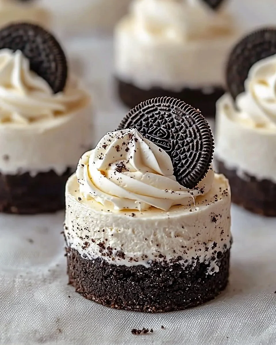 Delicious no-bake Oreo cheesecakes topped with crushed Oreo cookies.