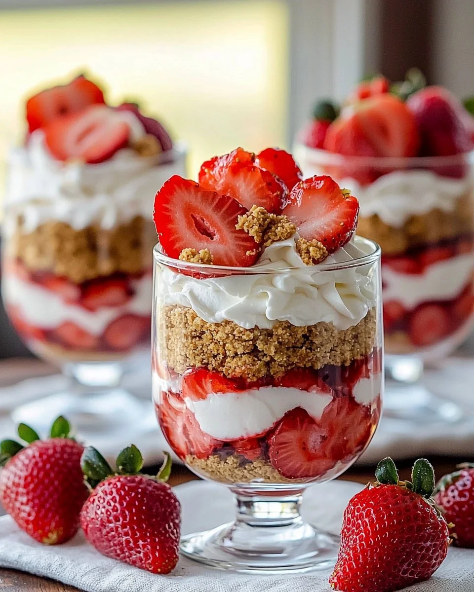 Delicious no-bake strawberry cheesecake parfaits in serving glasses