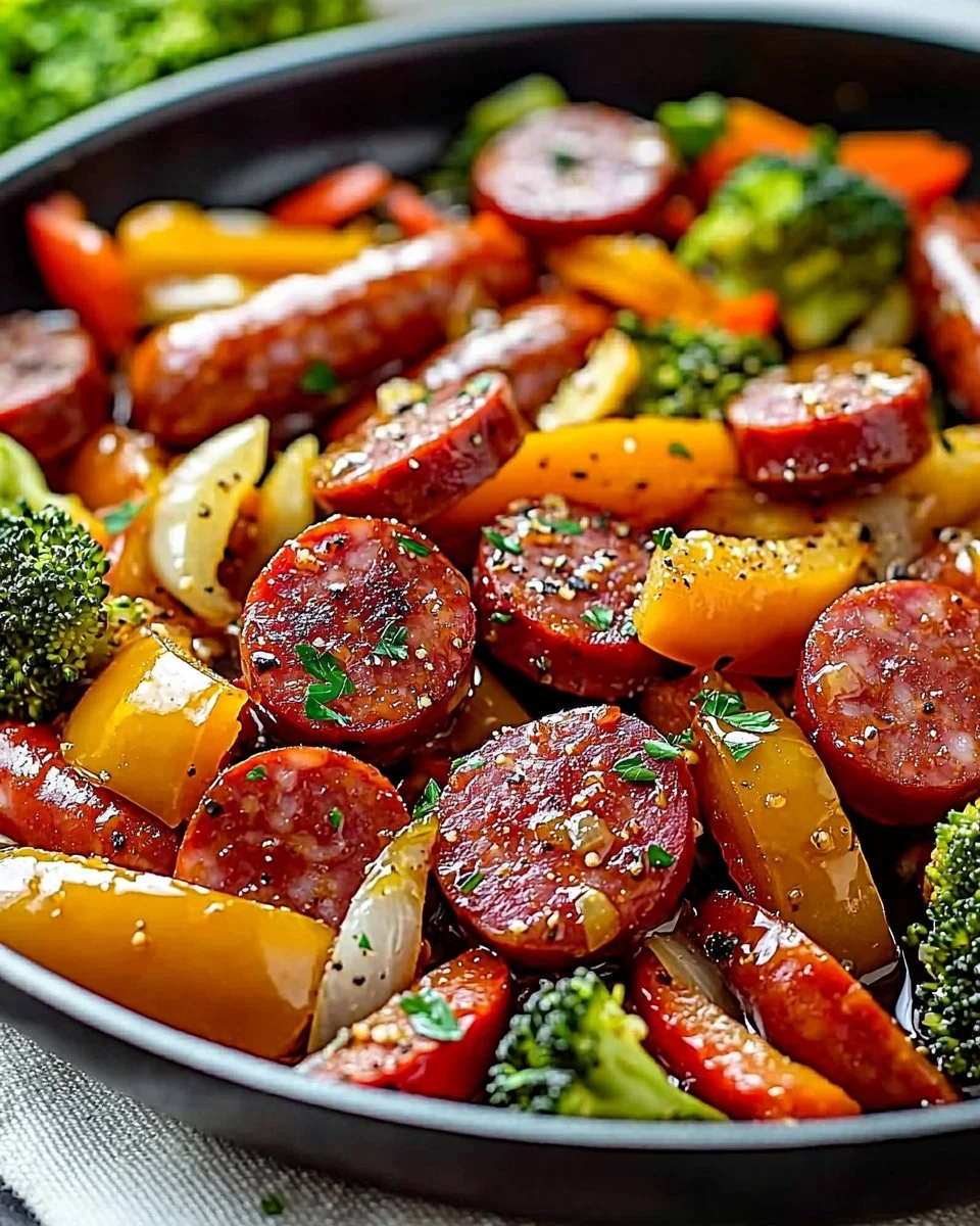 One-Pan Honey Garlic Kielbasa with colorful vegetables