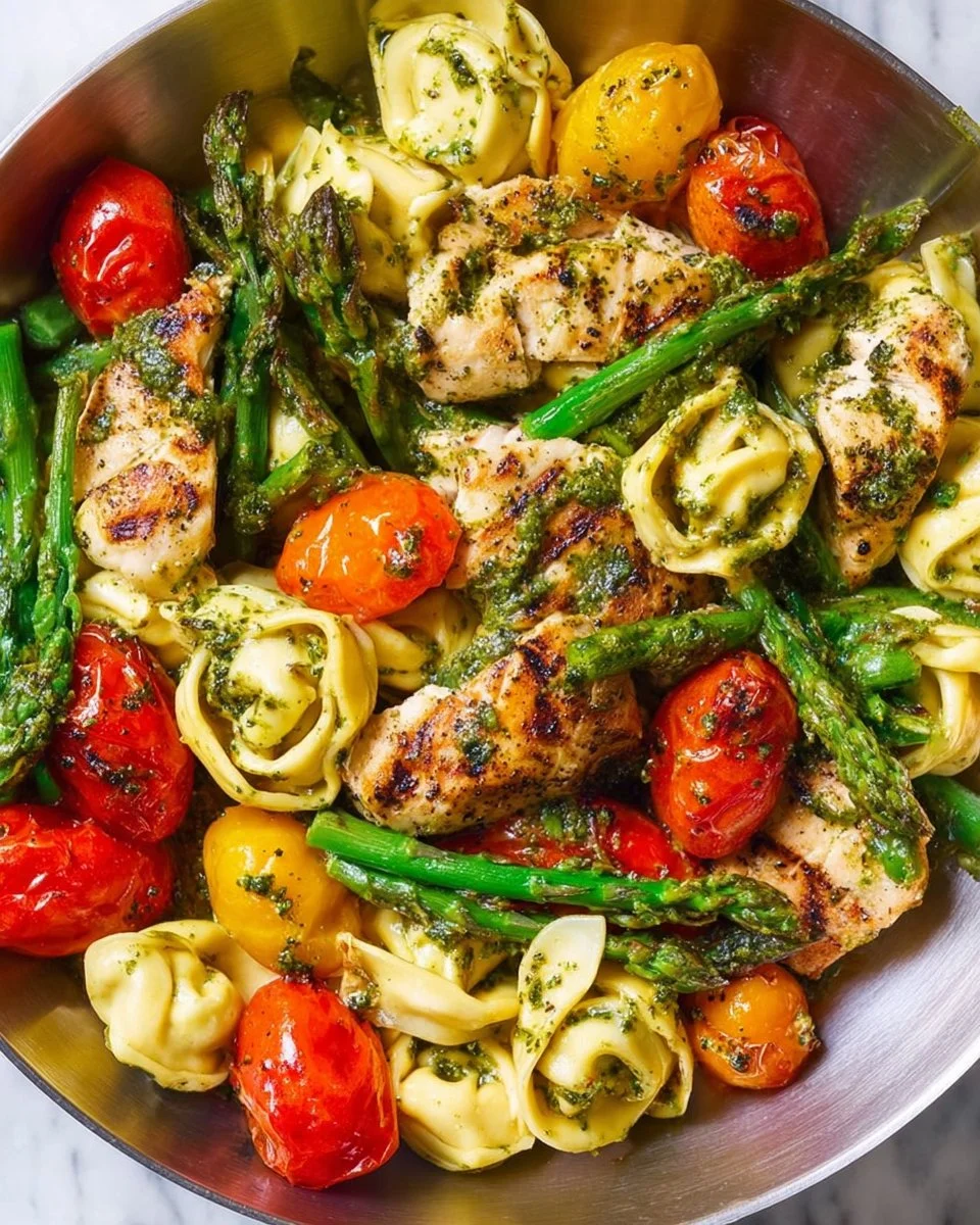 One-Pan Pesto Chicken with Tortellini and Mixed Veggies Recipe