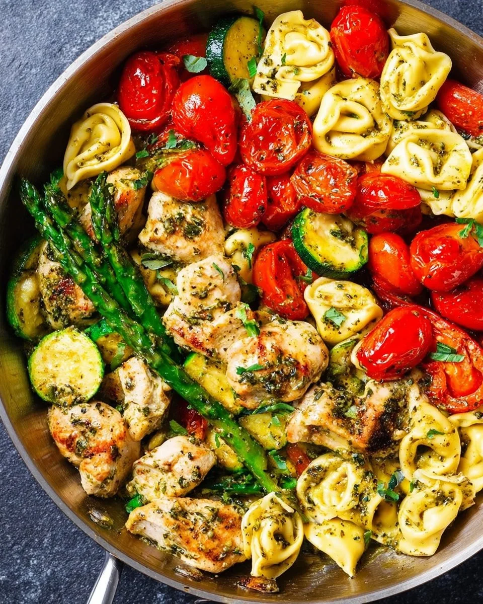 One-Pan Pesto Chicken, Tortellini, and Veggies