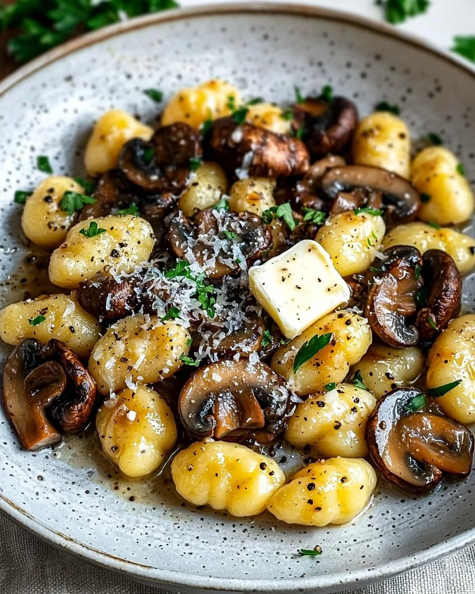 Pan-fried gnocchi with garlic butter mushrooms served in a skillet