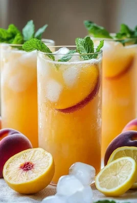 A glass of refreshing peach lemonade with fresh peach slices and lemon garnish.