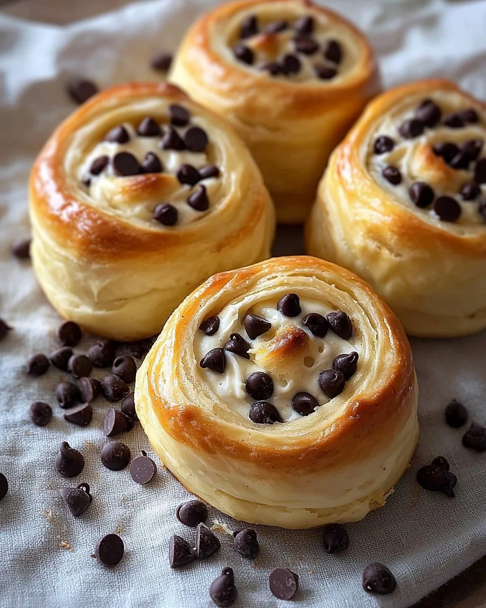Rolled brioche filled with vanilla pastry cream and chocolate chips on a wooden table.