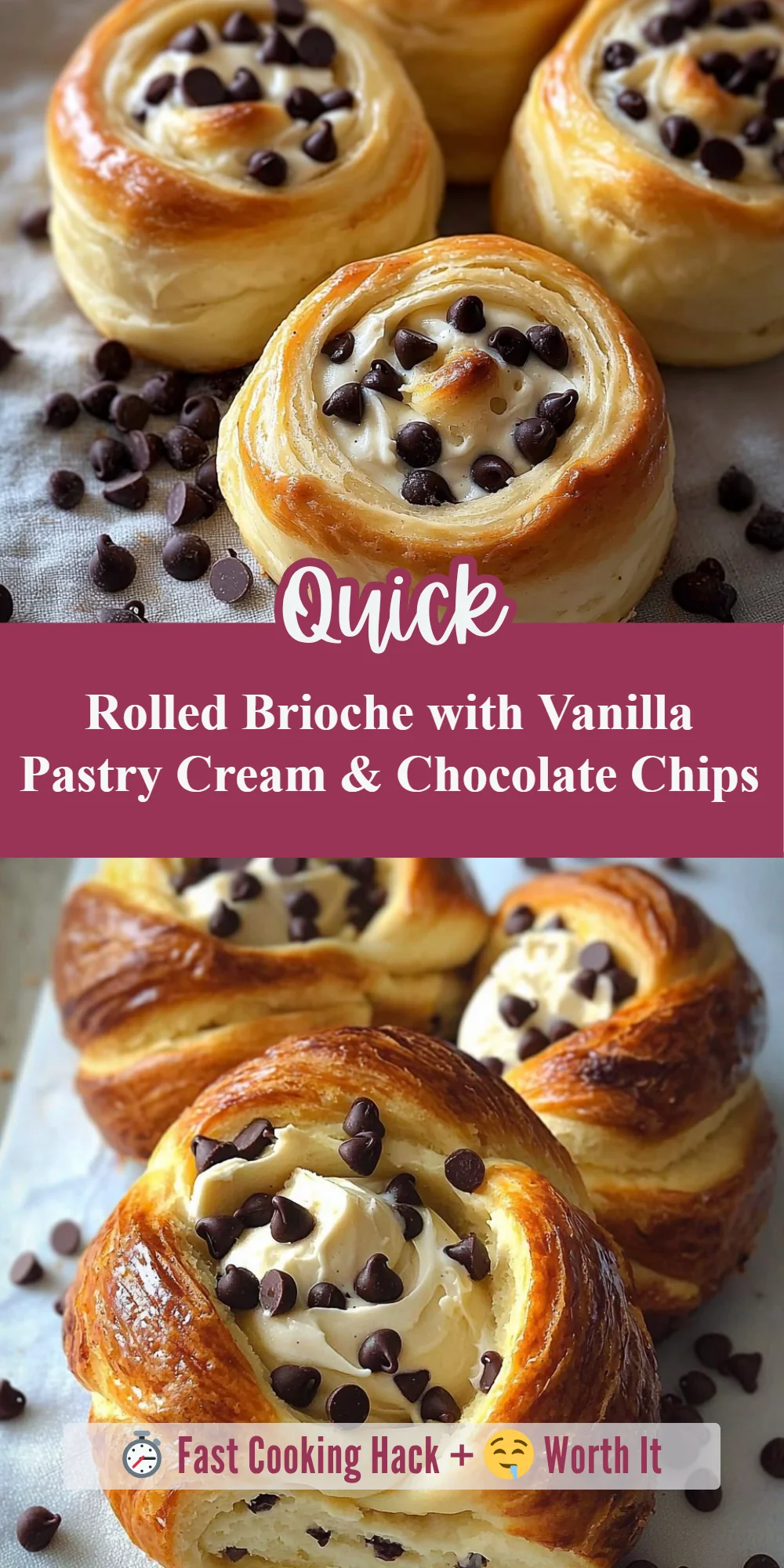 Rolled Brioche with Vanilla Pastry Cream & Chocolate Chips