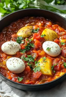 A vibrant plate of Shakshuka with poached eggs and fresh herbs in a spicy tomato sauce.