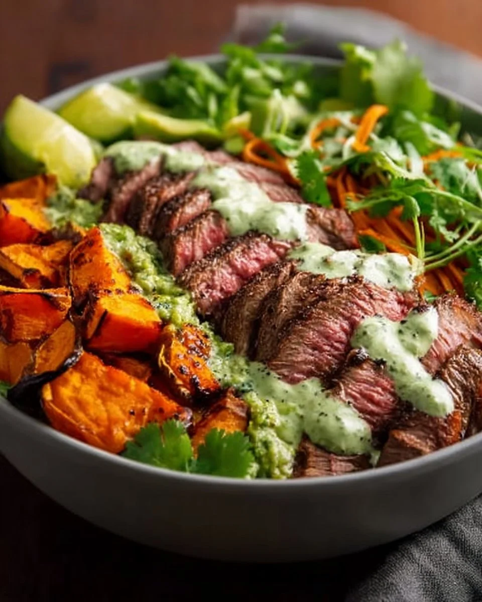 Steak and sweet potato bowls with avocado-cilantro drizzle on a wooden table.
