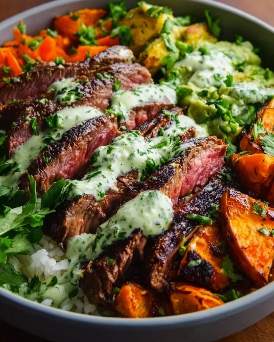 Steak and Sweet Potato Bowls with Avocado-Cilantro Drizzle