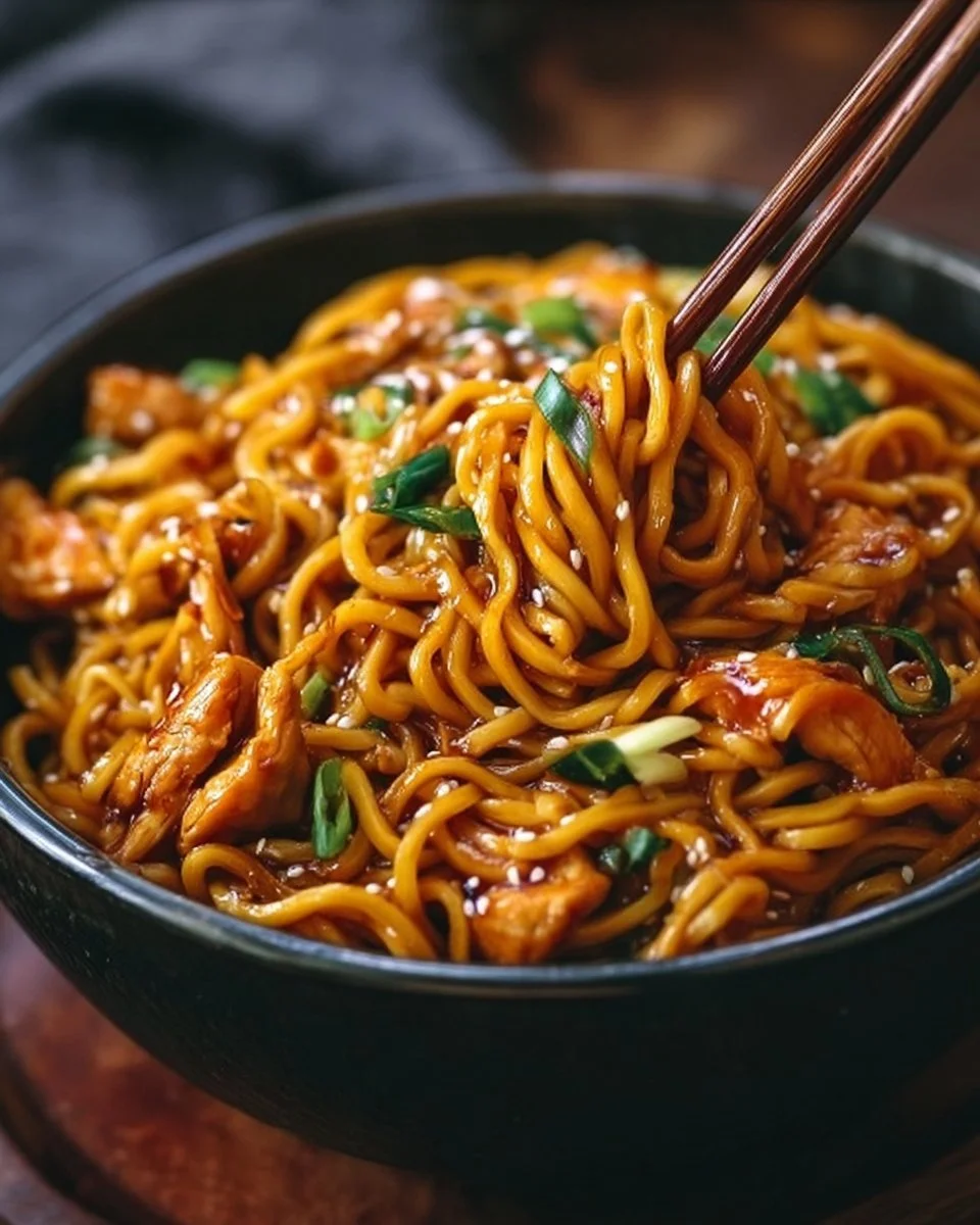 Plate of Sticky Garlic Chicken Noodles garnished with herbs