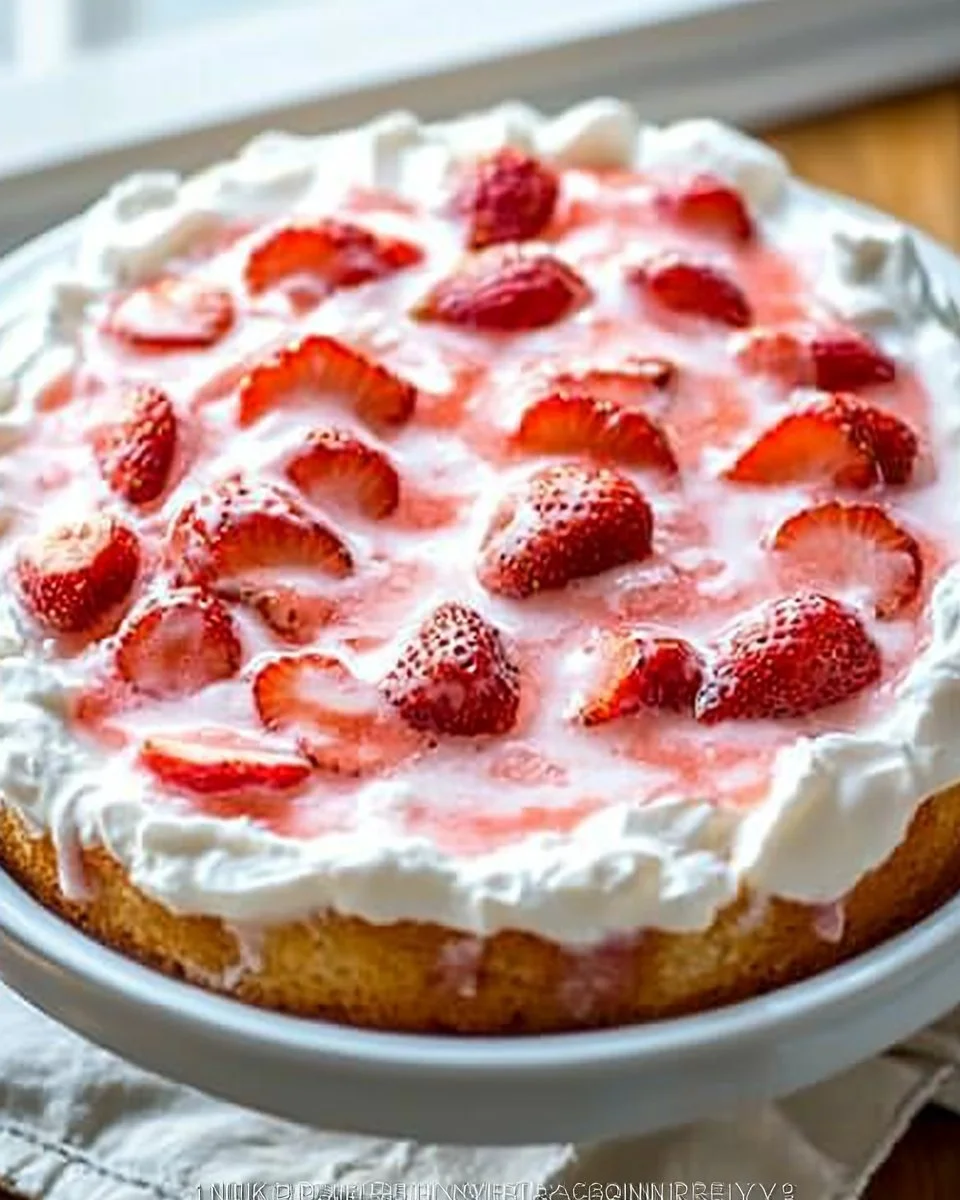 Fluffy Strawberry Angel Food Cake topped with fresh strawberries and whipped cream.