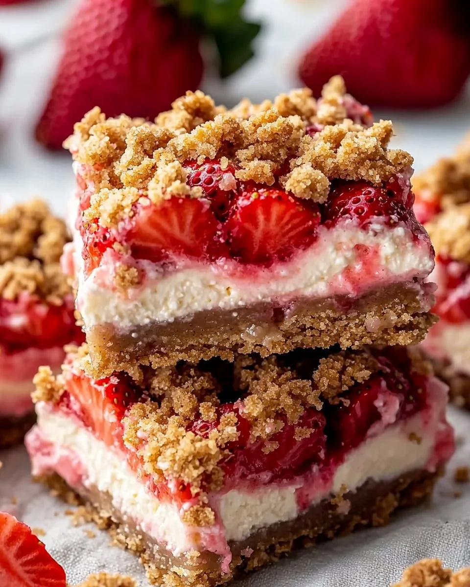 Delicious homemade strawberry cheesecake bars topped with fresh strawberries.
