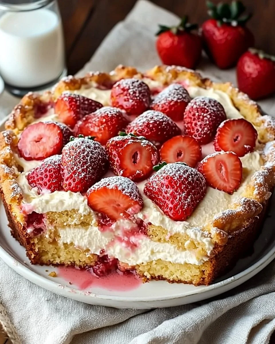 Delicious strawberry cheesecake dump cake topped with fresh strawberries.