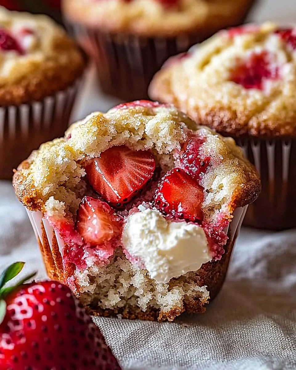 Freshly baked strawberry cream cheese muffins on a rustic wooden table