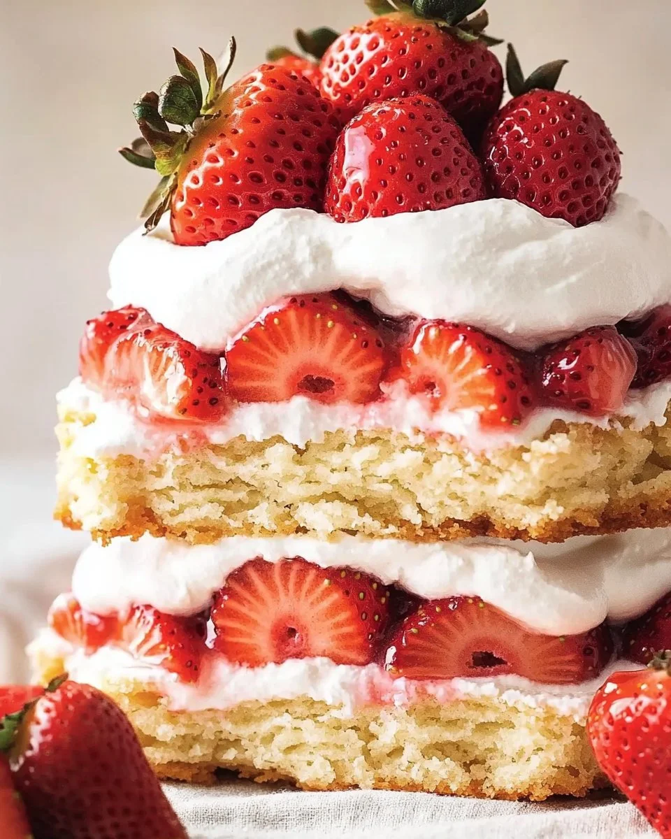 Delicious strawberry shortcake topped with fresh strawberries and whipped cream.