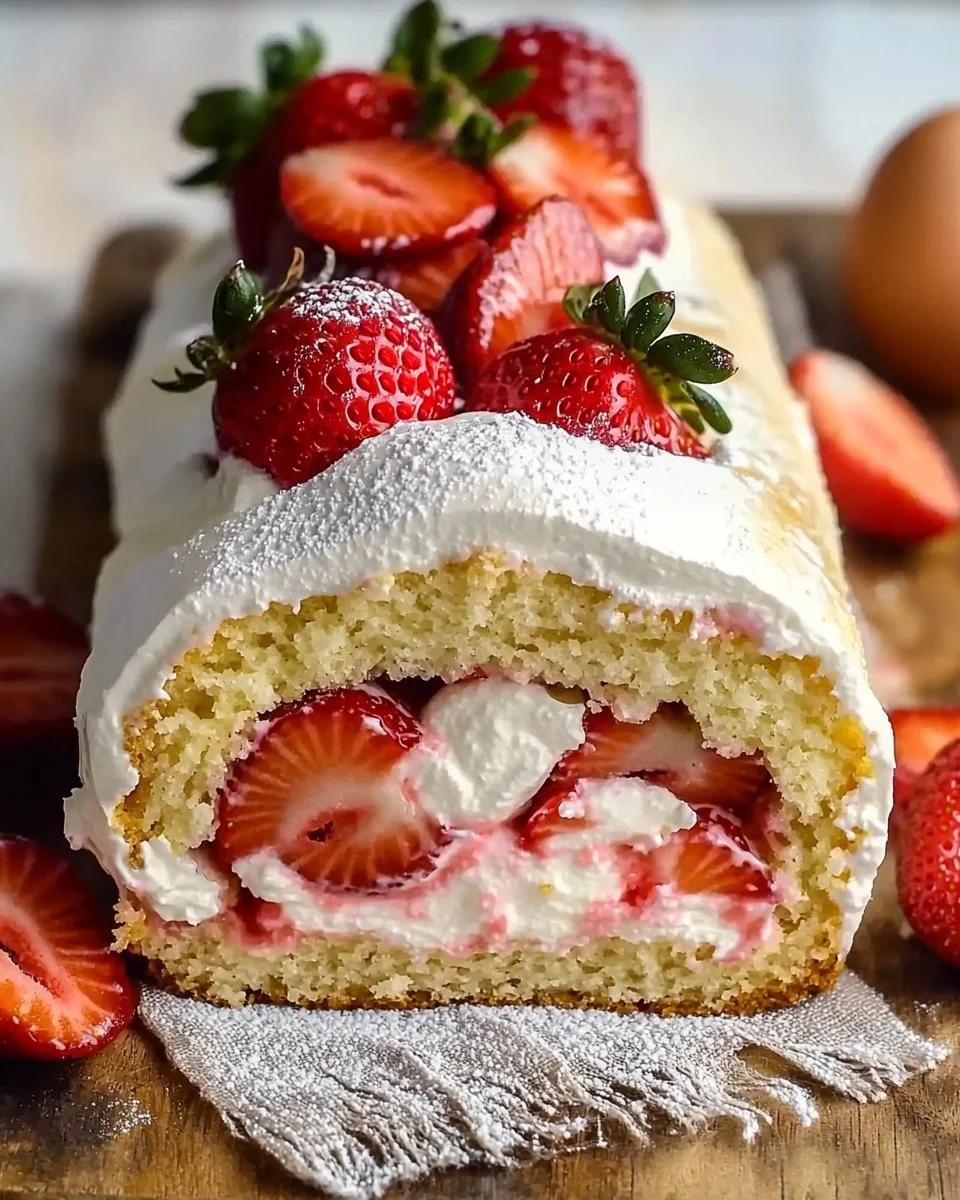 Strawberry Shortcake Cake Roll topped with fresh strawberries and whipped cream