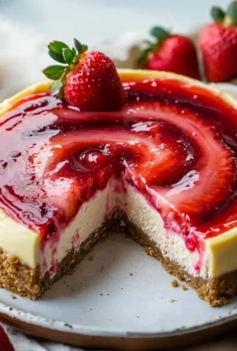 Slice of strawberry swirl cheesecake topped with fresh strawberries