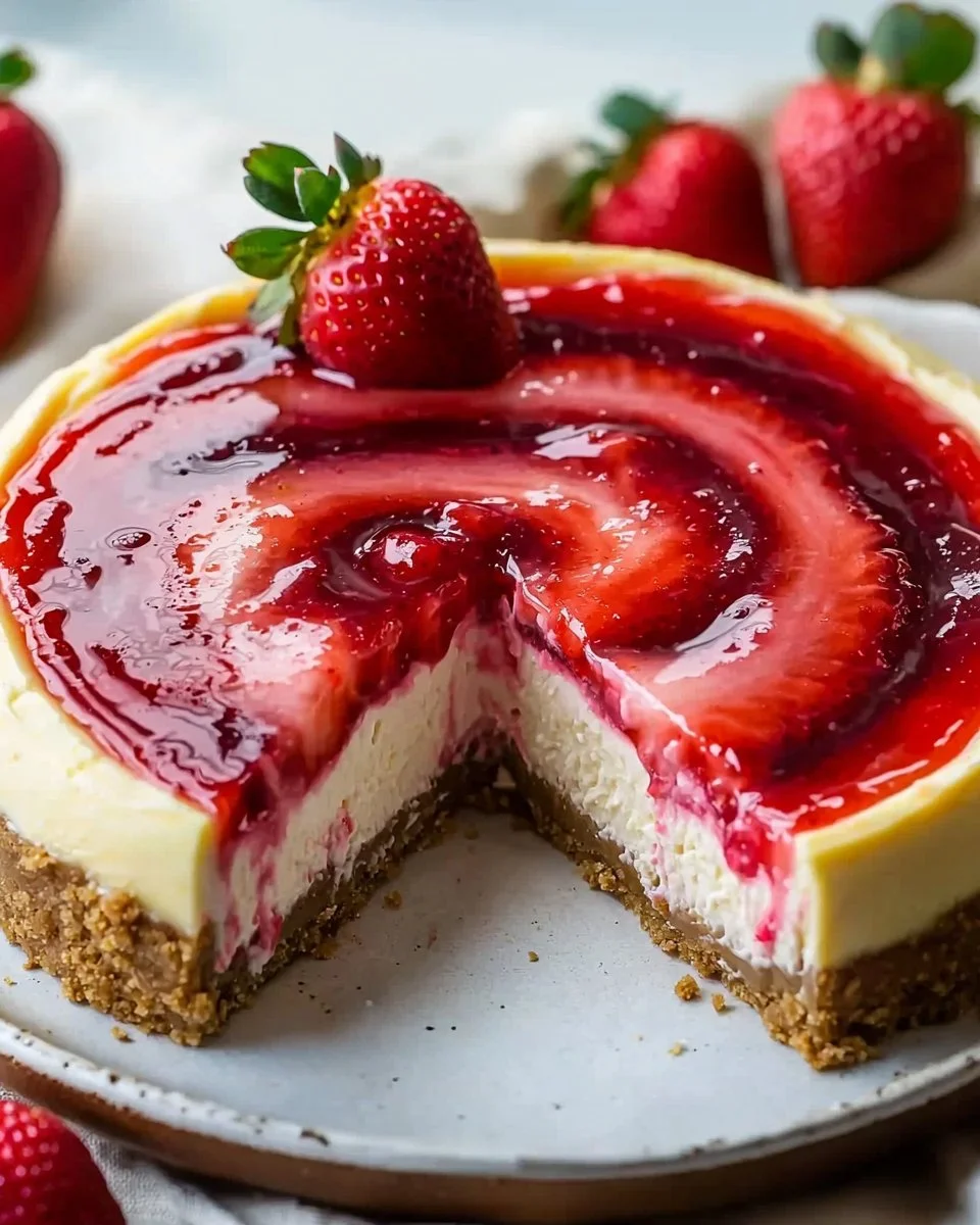 Slice of strawberry swirl cheesecake topped with fresh strawberries