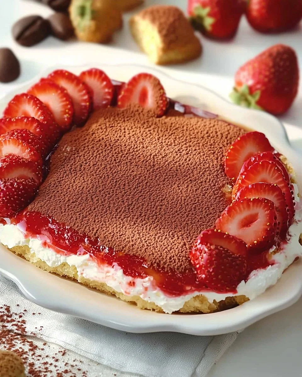 Delicious Strawberry Tiramisu dessert with fresh strawberries and creamy layers.