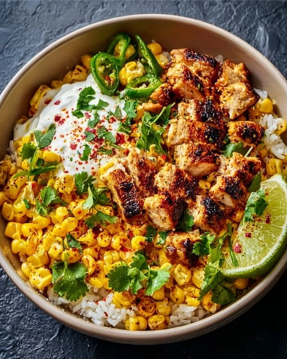 Delicious Street Corn Chicken Rice Bowl with grilled chicken and corn