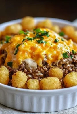 Delicious Tater Tot Casserole with Ground Beef baked to perfection